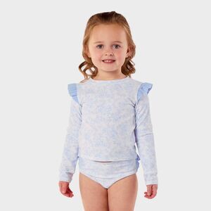 RuffleButts -  Baby Girls' Toile Floral Long Sleeve 2 Blue